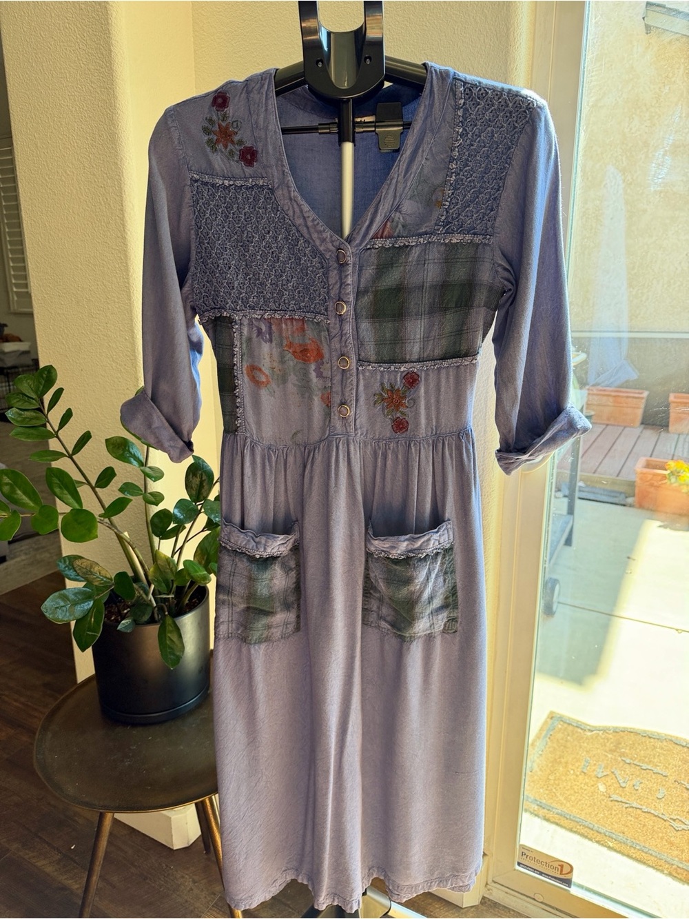 Boho Patchwork Midi Dress - Blue Floral Embroidery Lace Plaid Front pockets OS
